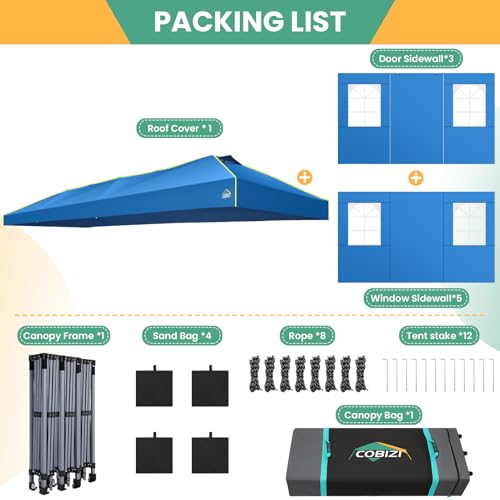 Image of COBIZI 10x30 Pop Up Canopy Tent, Wedding Party Tent with 8 Sidewall One Push Setup Glow, 3 Adjustable Height Air Vent Waterproof UPF50+, Wheeled Bag, 4 Sandbag, 8 Stake, Ropes for Commercial, Outdoor