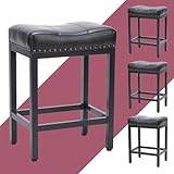 NEWBULIG Bar Stools Counter Height - 24 Inch Saddle Stools, PU Leather Modern Kitchen Barstools with Metal Base Footrest,Black,Set of 4