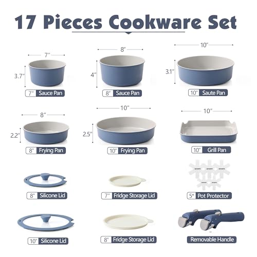 Image of SENSARTE 17 Piece Ceramic Pots and Pans Set, Nonstick Detachable Handle Cookware, Induction Kitchen Cookware Set with Removable Handle, Dishwasher & Oven Safe (Navy)