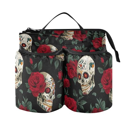 Image of Luggage Cup Holder for Suitcases Free Hands Suitcase Cup Holder Travel Luggage Drink Holder Portable Luggage Cup Caddy Bag Carrier with Handle Mexico Skull Rose Flowers Red