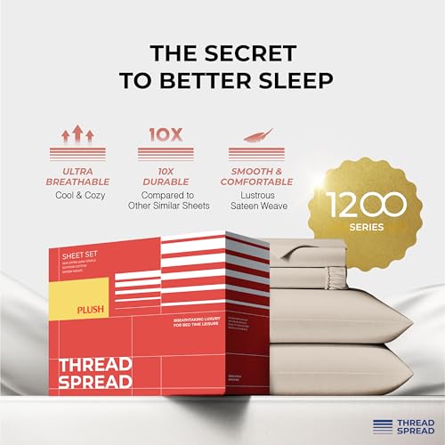 Image of THREAD SPREAD 100% Egyptian Cotton Queen Sheets Set - 1200 Series Plush Collection Luxury Egyptian Cotton Sheets Queen Size Deep Pocket (4 PC, Taupe), Soft, Cooling, Sateen Weave Sheet Set