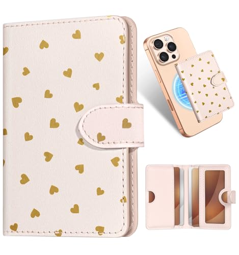Image of Shorogyt for Magnetic Phone Wallet Compatible with Magsafe Card Holder - Luxury Slim Leather Mag Wallets for Women Fit 4 Cards, for iPhone 17 /16 /15 /14 /13 /12 Series for Apple RFID Magnet, Gold Heart