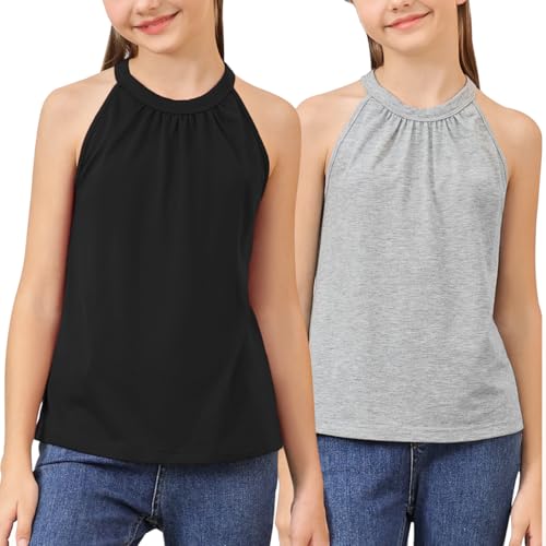 Image of GORLYA 2 Pack Girls Halter Neck Summer Sleeveless Shirt Multipacks Casual Curvy Tank Tops for 6-14Y