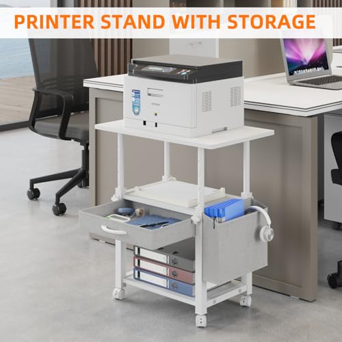 Image of YAOHUOO 22 inchx15 inch Large Printer Stand with Drawer, 3-Tier Rolling Table Cart | Storage Drawer and Side Bag,Height Adjustable Cart,Fit printer /fax /3d /scanner,4 lock wheels or feet,White