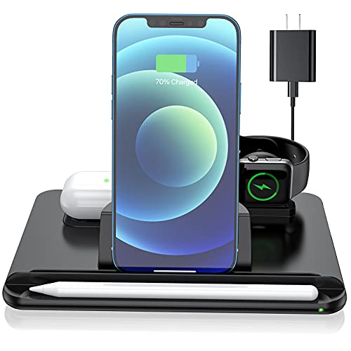 Wireless Charging Station, Fast Wireless Charger for Apple, 4 in 1 Wireless Charging Station for iPhone 12 11 Pro Max X XS, AirPods 2 Pro, Apple iWatch Series, Apple Pencil 2, With iPad Stand Holder