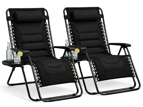 Straame XXL Padded Zero Gravity Chairs Set of 2, Folding Reclining Garden Chairs, Camping Chair Sun Loungers, Lockable 160° Patio Recliners with Adjustable Headrest(Padded, Black)