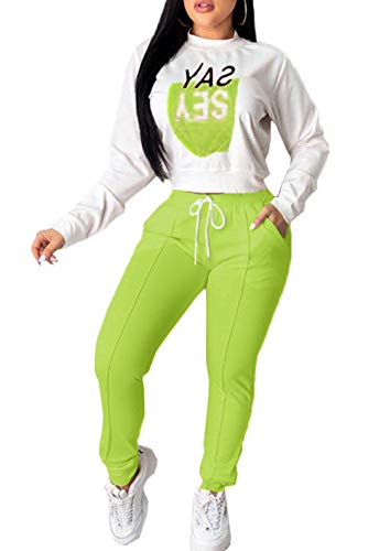 Women 2 Piece Outfits Jogging Suit Set Round Neck Long Sleeve Sweatshirt Tracksuit Plus Size,Green-XXL