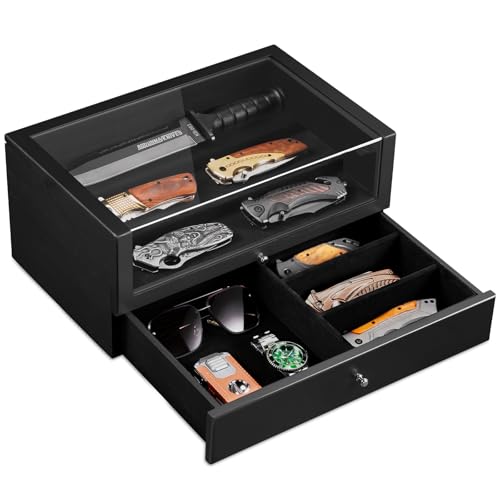 Emfogo Pocket Knife Display Case for 15–20 Folding Knives, Knife Collection Case with Transparent Lid & Large Storage Drawer, Solid Wood Knife Organizer Storage Box Gift for Men (Black)