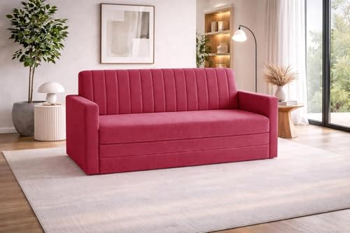 Image of Rosebell Foldable Sofa-Cum-Bed | Three-in-One Convertible Couch with Armrest | Modern Fabric Sofa for Living Room, Bedroom & Office-Red-Color