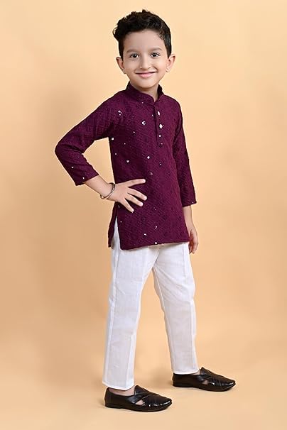 Image of Kid's Embroidery Printed Rayon Kurta-Pajama Set 3 /4 Sleeve V Neck Traditional Ethnic Wear for Boys