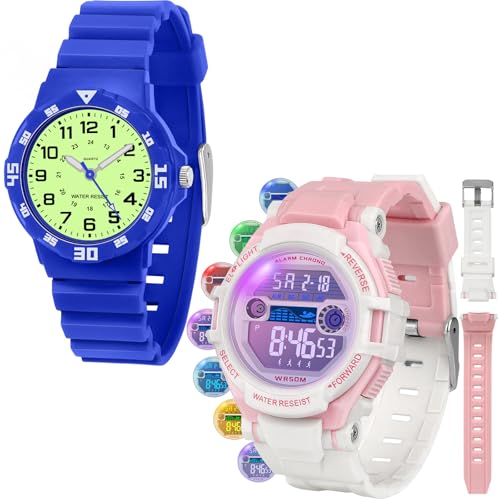 Kids Analog and Digital Watches for Boys Teen Girls, 7 Color Lights Waterproof Sports Watch for Kids with Stopwatch Alarm and Analog Watch, Great Present for Girls Ages 5-18 Teenagers