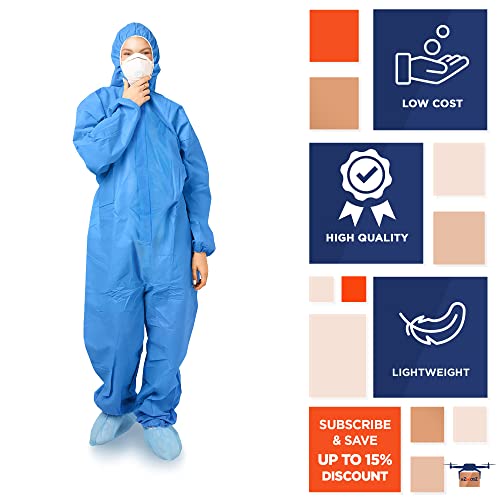 Ezgoodz Disposable Coveralls For Men, Women, Pack Of 5 Medium Blue Hazmat Suits Disposable, Sms 50 Gsm Hazmat Suit Costume With Hood, Elastic Wrists, Ankles, Zip, Splash-Proof Paint Suit Disposable #TOP3