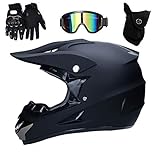 UIGJIOG Motorcross Helmet Matt Black,Full Face Off Road Crash Helmet with D.O.T Certified MX ATV BMX Racing Protective Gear Gift Goggle Glove Mask,A,M(54~55cm)