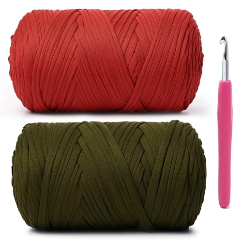 Image of 2 Pack Soft Tshirt Crochet Yarn, 800g /228yds High Elastic Hand Knitting Yarns, Thick T Shirt Yarn for Crocheting Bags, Baskets, Cushions, DIY Crafts(Ruby + Mossy Green