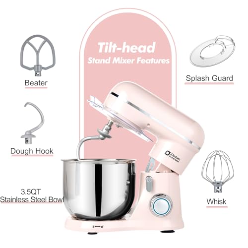 Image of Kitchen in the Box Stand Mixer, 3.5 QT Small Kitchen Electric Stand Mixers, 10-Speed Portable Lightweight Dough Mixer for Daily Use with Egg Whisk, Dough Hook, Beater (Light Pink)
