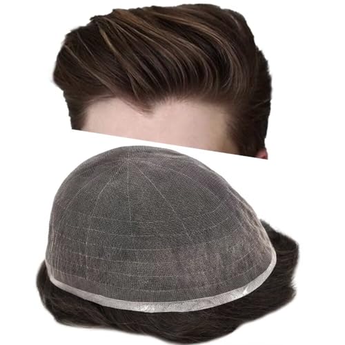 Hair System for Men Hair Piece Full French Lace Soft Real Human Hair Mens Toupee Bleached Knots Front Toupee for Men Natural Wave Breathable Hair Prostesis7X9"-100% density#310 Dark Brown+10% Gray