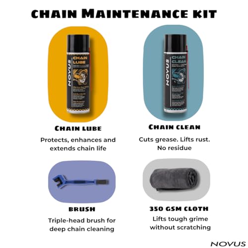 Image of Novus Bike Chain Maintenance Kit - Chain Lube 500ml + Chain Cleaner 500ml + Chain Cleaning Brush + 350gsm Microfibre Cloth | All-Weather | O, X Ring Safe |