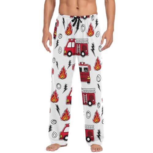Cartoon Red Fire Truck Pajama Pants Flash Light Men's Pajama Bottoms Lounge Sleepwear PJs Casual Lightweight Sleep Pants L