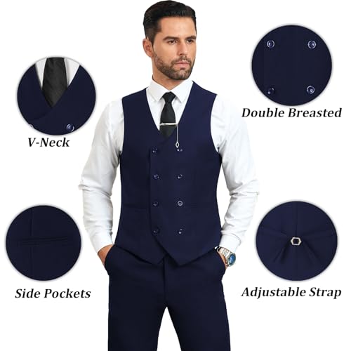 بدلة توكسيدو رسمية بقصة ضيقة للرجال من 3 قطع للارتداء الكاجوال وحفلات الزفاف والحفلات الراقصة، لون كحلي، مقاس XXL