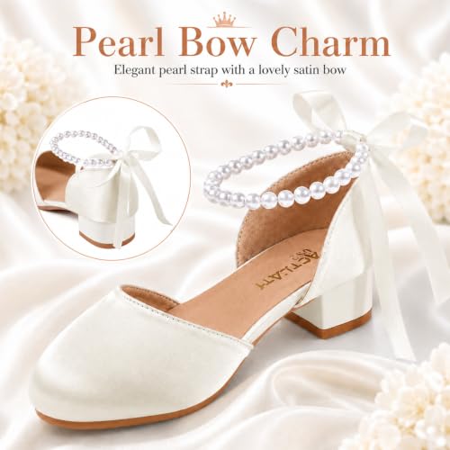 Girls Princess Dress Shoes, Pearl Ankle Strap Bow Low Block Heel Pumps angle 5