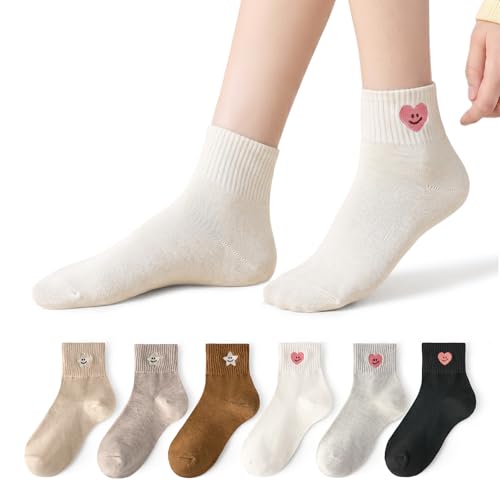 Image of 6 Pairs Women Cute Colorful Embroidered Cotton Casual Quarter Socks with Smile Face Valentine Heart Star Pattern