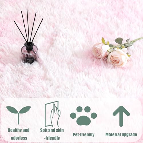 Tapis de chambre shaggy lavable et antidérapant avec poil long épais rose