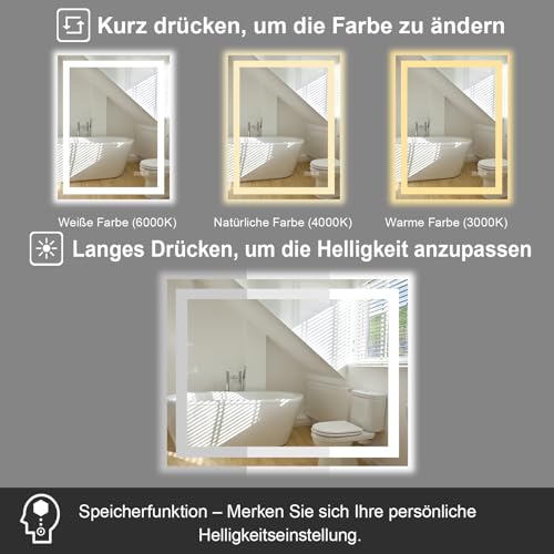 furduzz Badezimmerspiegel mit Beleuchtung, 60x45cm Badezimmerspiegel mit Touch Schalter, Led Spiegel Vertikal und Horizontal Montage, 3 Lichtfarben dimmbar, Antibeschlag 4