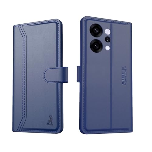 Image of AIBEX Compatible for Oppo Reno 14 5G Flip Cover Leather Finish with Magnatic Closure | Inside TPU with Card Pockets | Wallet Stand | Complete Protection Flip Case -Blue