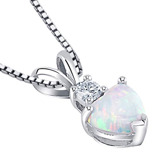 PEORA Solid 14K White Gold Created White Opal with Genuine Diamond Pendant for Women, Heart Shape Solitaire, 6mm - Image 4