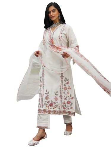 Image of INDO ERA Women's Silk Blend Embroidered Straight Kurta Pant with Dupatta (Ieout6967)