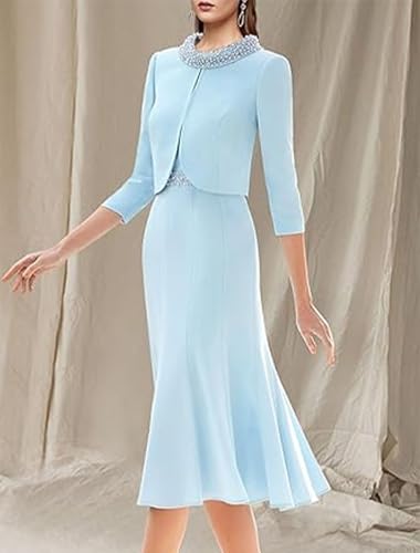 Two Piece Elegant Mother of The Bride Dress Knee Length Jewel Neck 3/4 Length Sleeve Wedding Guest Dress Beading 20252