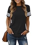 Cuptacc T Shirt Damen Rundhals Kurzarm Streifen Manschette Damen Tshirt Breathable Colorblock Raglan Tunika Lässige Lockere Fließend Top Schwarz L