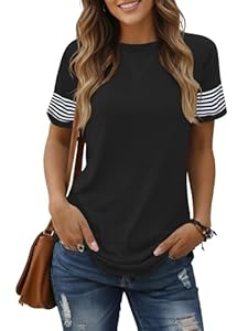 Cuptacc T Shirt Damen Rundhals Kurzarm Streifen Manschette Damen Tshirt Breathable Colorblock Raglan Tunika Lässige Lockere Fließend Top Schwarz L