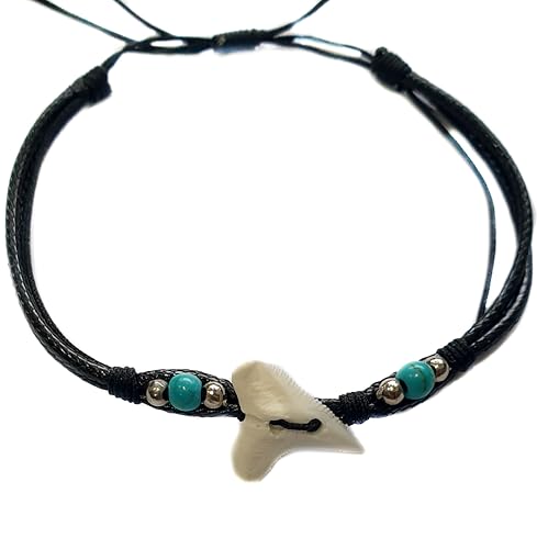 Genuine Mako Shark Tooth Bracelet for Men Fits 6 to 10 inch Wrist Size, Handmade Waxed Cord Corwrie Shell Shark Tooth Bracelet for Women Jewelry (GA099-BL)