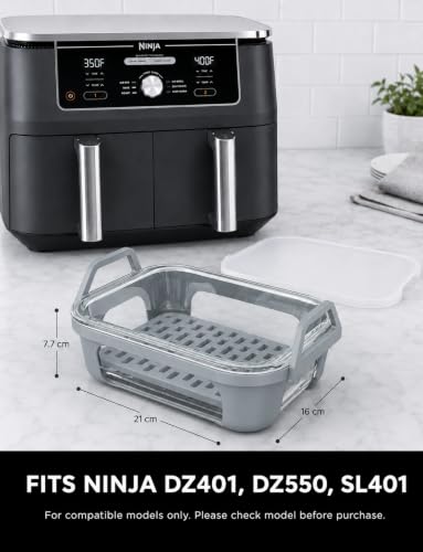 Image of Glass Air Fryer Liner for Ninja Dual Basket Air Fryers DZ401 DZ550 SL401, Reusable Borosilicate Glass Bowl with Silicone Base Handles, Dishwasher Safe Reusable Accessory Set with Tray & Lid