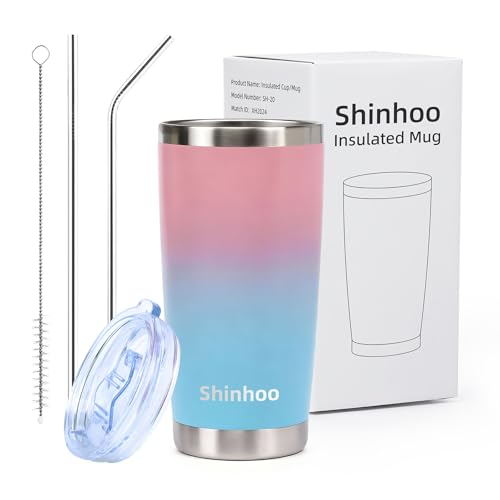 Shinhoo 20oz/ 550ml Insulated Travel Mug Reusable Coffee Cup Tumbler with Straw and Lid for Hot Cold Drinks, Pink& Blue