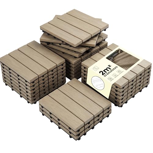 LARDECOR - 22 Baldosas Encajables de WPC 30x30 cm【2 m²】Efecto Madera de Acacia, Losetas para Terraza, Balcón, Patio y Jardín, con Drenaje y Superficie Antideslizante (Madera Clara)