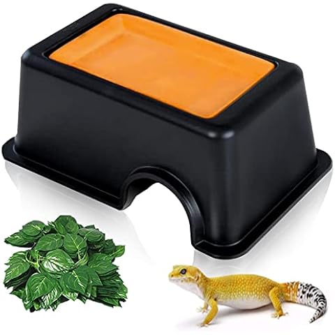 Hamiledyi Reptile Hide Box Gecko Hideout Cave with Sink Humidifier Lizards Hideaway Hut Flexible Leaves Pet Habitat Decor for Snakes Leopard Spiders Turtles Amphibians Cover
