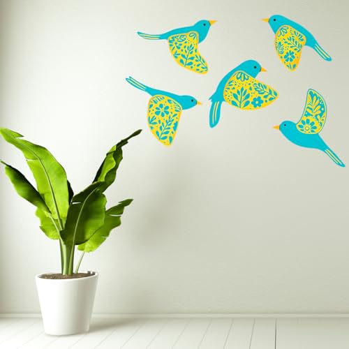 Image of GiftOday Wooden 3D 5 Pieces Birds for Wall Art Panel | Wood Bird Folk Art Wall Hanging Art Decoration Item for Living Room, Bedroom, Drawing Room, Dining Room & Office (Aqua) Pack of 1