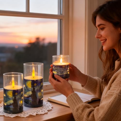 Image of Flickering Flameless Candles, Recessed String Light LED Candles Acrylic Battery Operated LED Pillar Candles Van Gogh Art Painting Style for Home Decor Set of 3(Starry Night Printed)