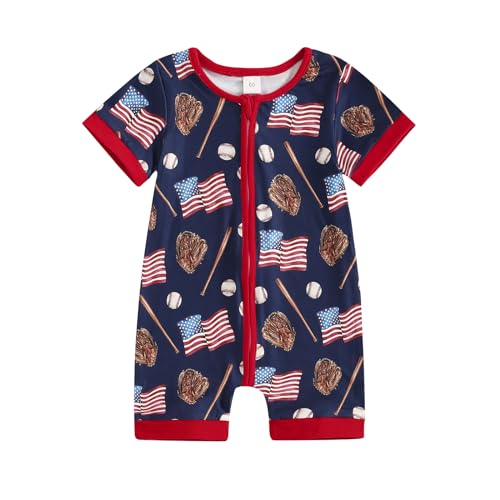Image of FIOMVA 4th of July Baby Boy Girl Outfits Toddler Baseball Outfit Newborn Romper Infant Jumpsuit American Flag Clothes