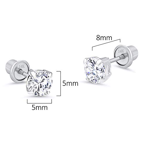 14K White Gold 5Mm Basket Round Solitaire Cubic Zirconia Children Screw Back Baby Girls Earrings #TOP1
