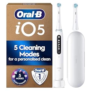 Oral-B iO5 Electric Toothbrush for Adults, 1 Handle, White - 2 Brush Heads, Travel Case, 5 Modes, Teeth Whitening, UK Two Pin Plug
