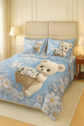Image of King Size 7D Digital Print Bedsheet - 350 TC Cotton, Kids Friendly Design, Soft & Breathable 180 GSM Fabric, Machine Washable, Gift-Ready Packaging. (108x108 Inches). (Blue Teddy)