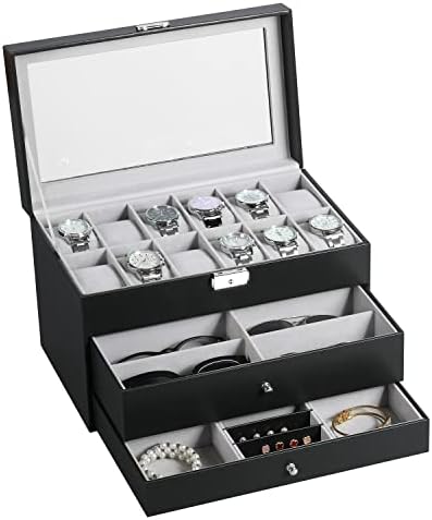 BASTUO 12 Watch Box Jewelry Display Organizer Case Drawer Sunglass Holder Stent Bracelet Storage Box for Men Women with PU Leather, Glass Top, Black 