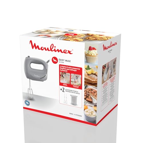 Moulinex Easy Max, Batteur, Mélange parfait, Compact, Bouton réglable avec 5vitesses, 2 jeux de fouets, Poivre, HM262BF0