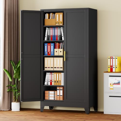 Image of 78.7 inch Tall Metal Pantry Cabinet, Freestanding Kitchen Storage Cabinet | with 2 Doors and 5 Adjustable Shelves, Versatile Storage Cupboard for Kitchen, Laundry, Dining & Utility Room, Black