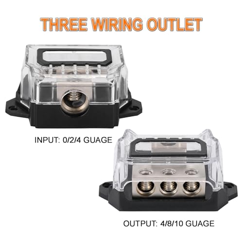 Greluma 1 Stück 3 Wege Stromverteilerblock, 0/2/4 AWG Eingang / 3 x 4/8/10 AWG Ausgänge, Amp Stromverteiler, Auto Audio Verstärker Splitter