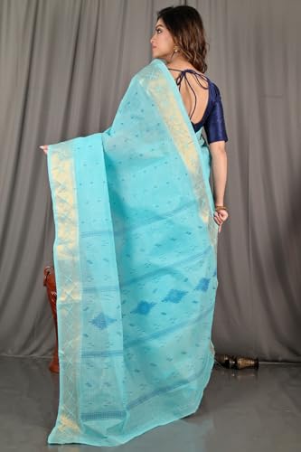 Image of eC ESHA'S COLLECTION Women's Kerala Cotton Floral Motif Printed Zari Bordered Tant Saree Without Blouse Piece