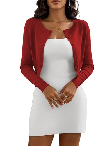 Image of Women's Cropped Cardigan Sweaters Crew Neck Button Down Open Front Knit Bolero Shrugs